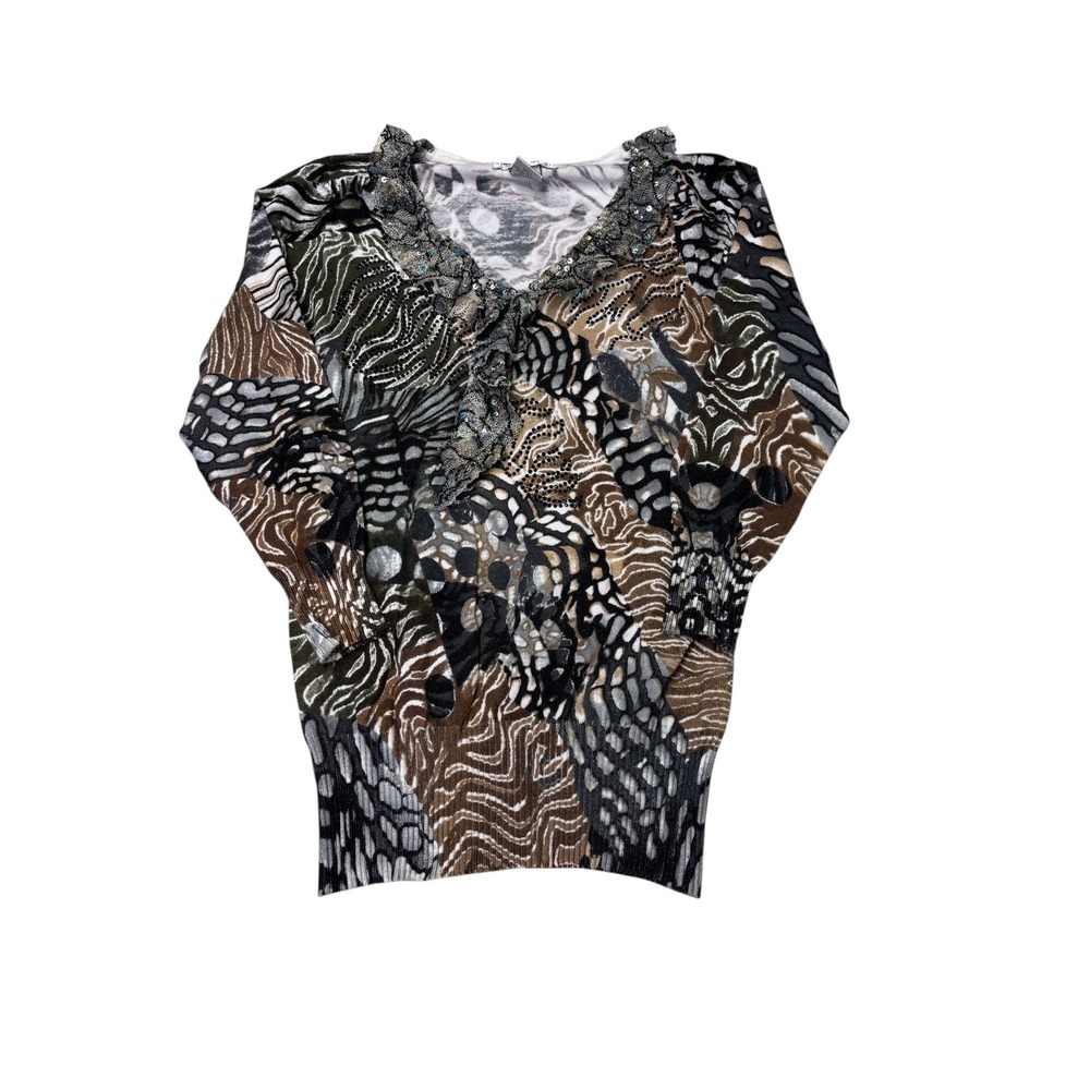 Alberto Makali Mixed Animal Print Ruffle V-Neck Sequin Sweater Brown Olive Small
